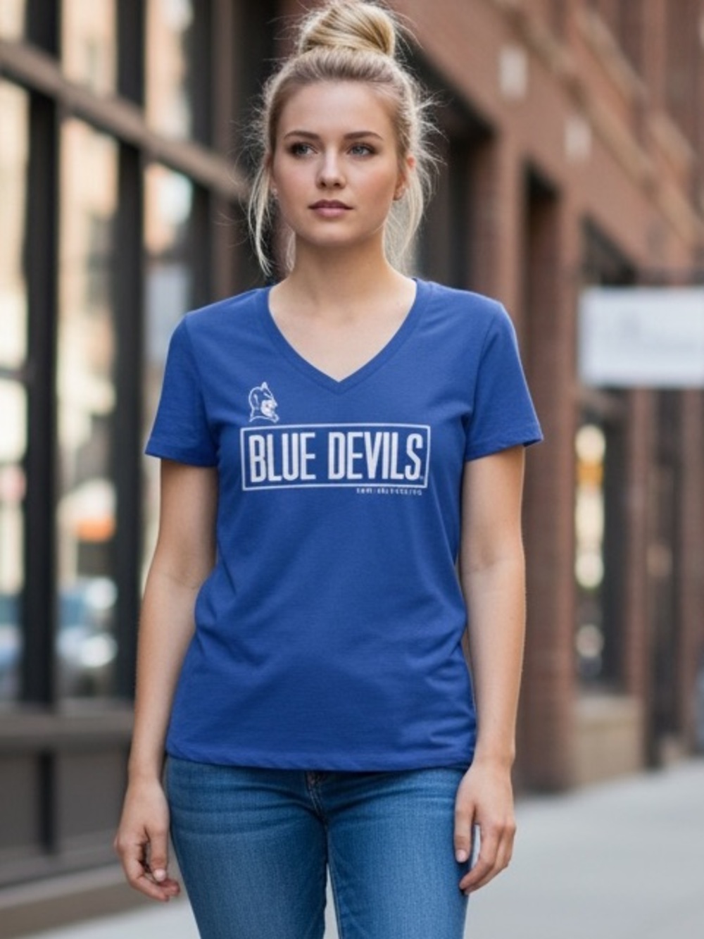 DUKE UNIVERSITY BLUE DEVILS WOMENS SMALL V-NECK T-SHIRT ROYAL BLUE & WHITE TEE